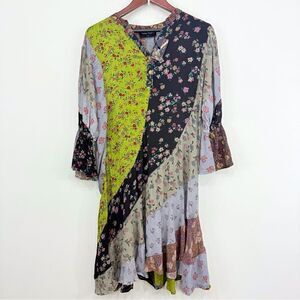 Young Threads Earth Tone Complimentary Asymetrical Floral Patchwork Ruffle Dress